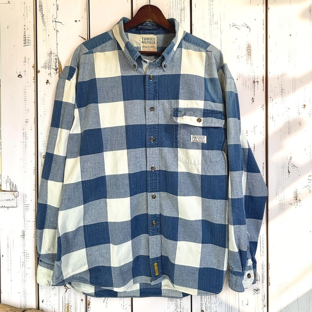 Vintage Button Down Tommy Hilfiger XL Blue White 100% Cotton Buffalo Check Denim